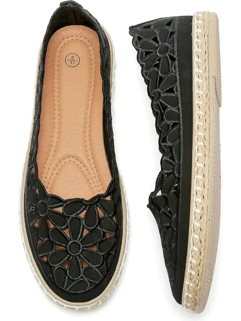 Women’s Black Floral Daisy Round Toe Comfortable Slip On Casual Ballet Flats